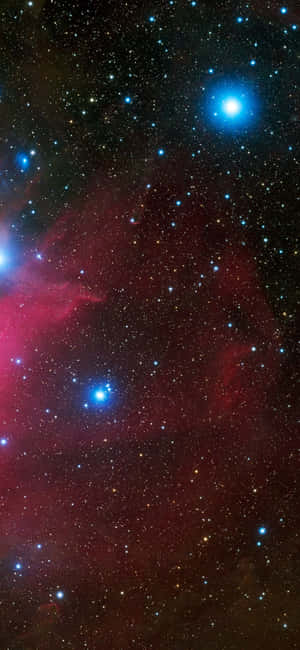 鮮豔的藍色恆星在深空中透過紅色宇宙星雲閃耀。