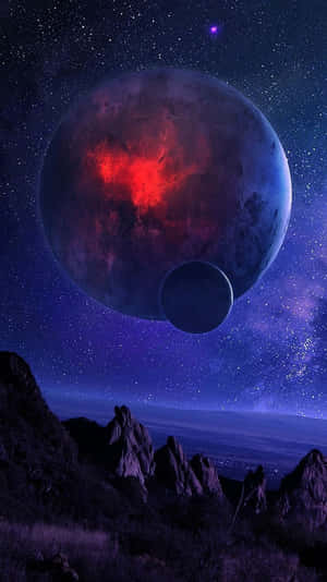 一顆紅色心形行星懸掛在山脈之上，背景是星空。