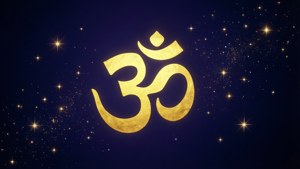金色 Om 符號漂浮在繁星點點的夜空中，閃爍的星星
