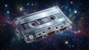 一個透明嘅卡式帶喺佈滿星星嘅星系中漂浮，伴隨住色彩繽紛嘅星雲。