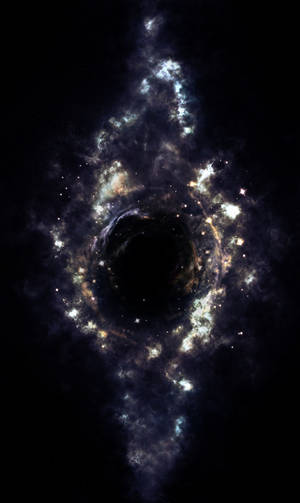黑洞被發光的星星和藍白色宇宙雲包圍。