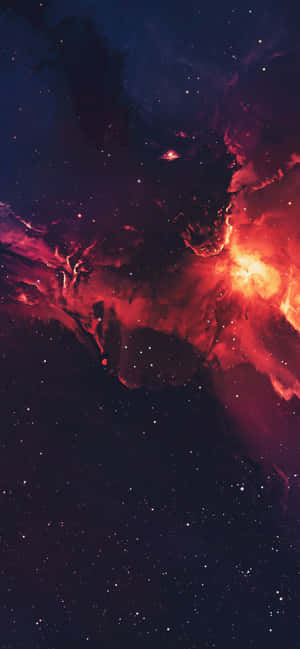 在深空中，無數恆星之間，火紅和紫色的星雲發光。