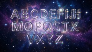 閃亮的金屬字母ABCDEFGHIJKLMNOPQRSTUVWXYZ漂浮在色彩繽紛的星空星雲中。