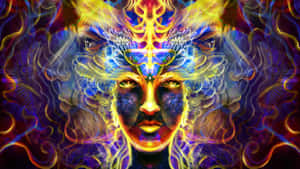 一個發光的宇宙面孔，帶有翅膀，霓虹能量在周圍旋轉。 — 迷幻 壁紙