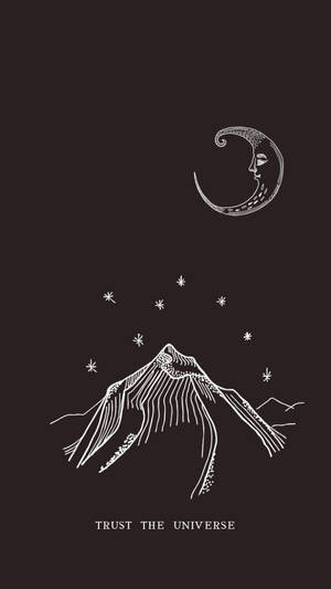 星空下，山脈上方帶有臉孔的彎月，附有文字 trust the universe。