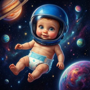 嬰兒太空人在太空中漂浮，周圍環繞著色彩繽紛的行星和星星。