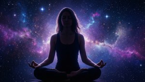 女性在星空宇宙下以蓮花坐姿冥想。
