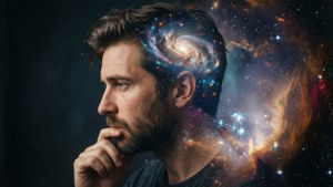 頭內有星系的男人，沉思地凝視太空。