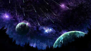 星空下，黑暗森林上方有兩顆發光的行星和流星。 — 星星 壁紙