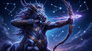 神話中的半人馬弓箭手在星空下夜間瞄準發光的弓，星座可見