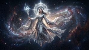 一位身穿飄逸銀色長袍的神聖女神，漂浮在充滿活力的宇宙星系中。