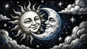 微笑的太陽和月亮臉龐在繁星點點的夜空中擁抱，周圍有旋轉的雲朵。