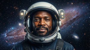 非裔美國太空人穿著太空衣，背景是色彩繽紛的星域