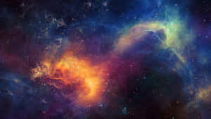 深空中帶有發光橙色和藍色雲彩的彩色星雲。 — 明亮 壁紙