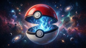 打開的精靈球在多彩宇宙太空場景中發出電藍色能量