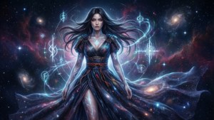 一位神秘女子身穿飄逸長袍，站在充滿活力的宇宙星雲中，周圍環繞著發光的魔法符號。