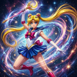 美少女戰士穿著標誌性服裝，揮舞著月亮法杖，對抗旋轉的星空星系。