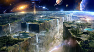 浮島瀑布在宇宙天空下，有星系和行星