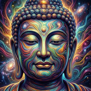寧靜的佛陀面孔，帶有宇宙漩渦和鮮豔彩虹色的星系