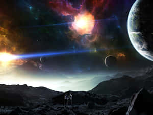 兩個人在岩石行星上觀看色彩繽紛的星雲和遙遠的世界。 — 星雲 壁紙
