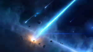 藍色能量光束撞擊小行星，在繁星點點的宇宙場景中引發熾熱爆炸