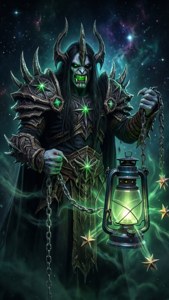 一個穿著華麗盔甲的惡魔般的人物，在漂浮的星星和宇宙雲中拿著發光的燈籠。 — 英雄聯盟 壁紙