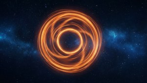 深空中一個發光的橙色螺旋漩渦，伴有藍色星雲和星星。