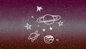 紫色漸變太空場景，白色輪廓行星和星星。