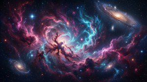深空中帶有閃爍星星和螺旋星系的彩色宇宙星雲。