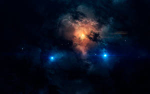 在深空中帶有橙色光芒和藍色星星的鮮豔宇宙星雲。 — 星星 壁紙