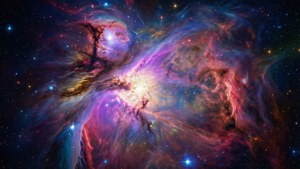 充滿活力的宇宙星雲，在深空中帶有旋轉的氣體和明亮的星星。