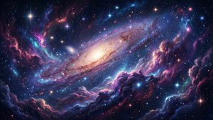 一個發光的螺旋星系，周圍環繞著色彩繽紛的宇宙雲和明亮的星星。