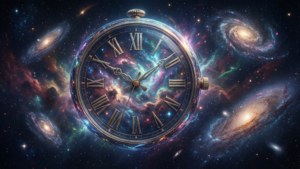 一個華麗的懷錶懸浮在充滿星系和星星的鮮豔宇宙背景中。 — 時鐘 壁紙