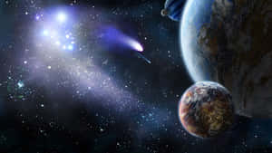 兩顆行星和一顆彗星在星光燦爛的宇宙場景中，伴隨著發光星雲。 — 月色夜空 壁紙
