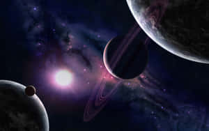 帶環行星在深空多彩星雲中圍繞一顆明亮的恆星運行。 — Astroworld GIF 壁紙