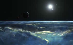 雲層在星空下旋轉，有兩顆行星和一顆明亮的太陽。 — 2880x1800 壁紙