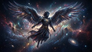 一位有翼的裝甲天使飛過色彩繽紛、佈滿星星的星系星雲