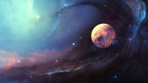 一顆發光的行星，被色彩繽紛的宇宙雲和遙遠的星星包圍。