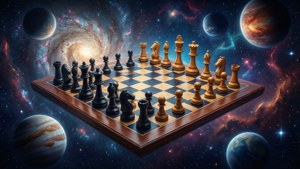 漂浮的棋盤，棋子置於繁星點點的宇宙場景中，有行星和星系。 — 國際象棋 壁紙