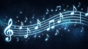 發光的音符和五線譜在繁星點點的宇宙夜空中漂浮。