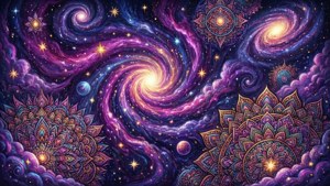 宇宙星系，帶有旋轉的紫色星雲和發光的曼陀羅圖案。