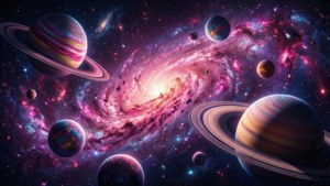 帶有光環的色彩繽紛行星，環繞著一個充滿星星的發光螺旋星系運行。