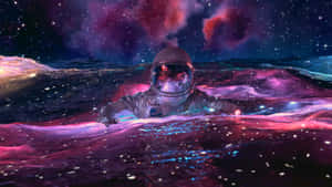 太空人在星光閃爍的宇宙海洋中游泳，伴有發光的波浪和星雲天空。