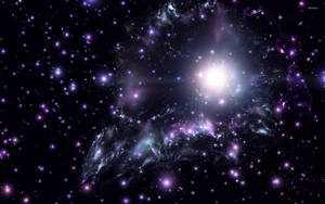 在深空中帶有明亮星星的鮮豔紫色和青綠色星雲。