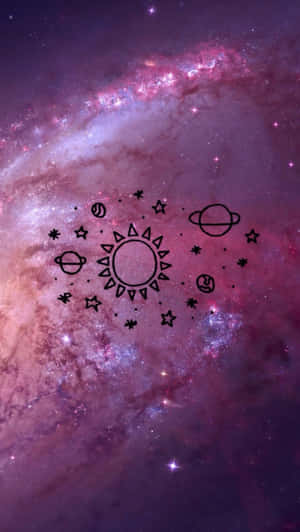 充滿活力的紫色星系，帶有黑色線條藝術的太陽和漂浮在星星之間的行星。