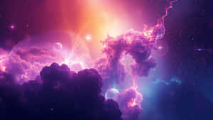 雄偉的宇宙雲層在紫色和粉紅色中發光，在燦爛的橙色太陽下，漂浮的球體和星星。 — 太空 壁紙