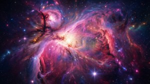 充滿活力的宇宙星雲，帶有旋轉的粉紅色、紫色和藍色氣體以及發光的星星。