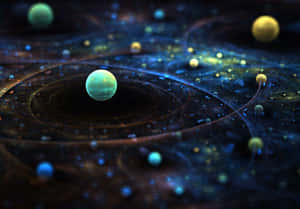 發光的行星在色彩繽紛的宇宙星雲中運行，帶有旋轉的能量軌跡。