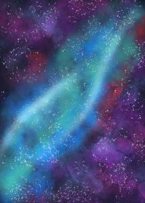 充滿活力的宇宙星雲，旋轉的藍色、藍綠色和紫色雲朵點綴著星星。