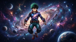 動漫角色漂浮在色彩繽紛的太空，周圍有行星和星系。 — 出久 GIF 壁紙